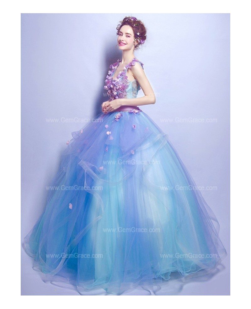 Gorgeous Blue Ball Gown Pageant Prom Dress With Lilac Floral Beading ...