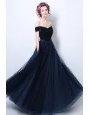 Simple Tulle Pleated Navy Blue Formal Dress With Off Shoulder Straps