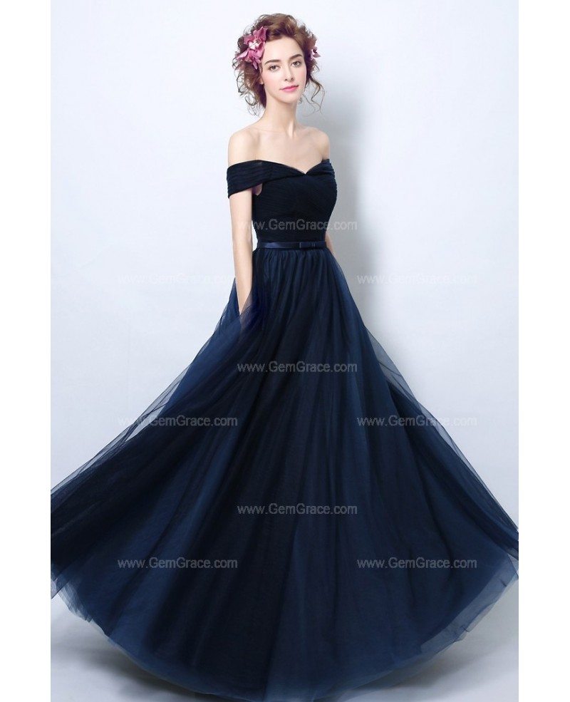 off shoulder navy blue gown