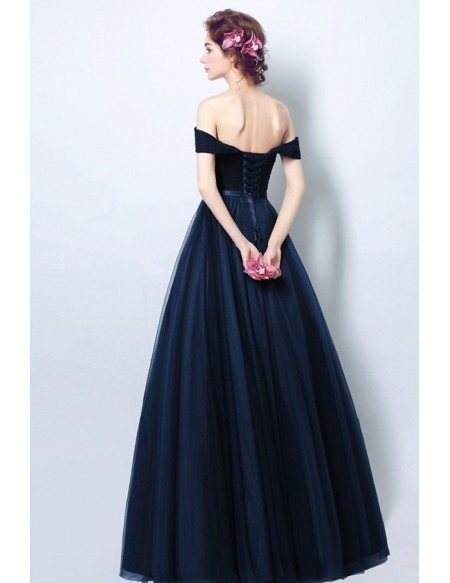 Simple Tulle Pleated Navy Blue Formal Dress With Off Shoulder Straps