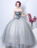 Strapless Grey Applique Ball Gown Formal Party Dress For Quinceanera