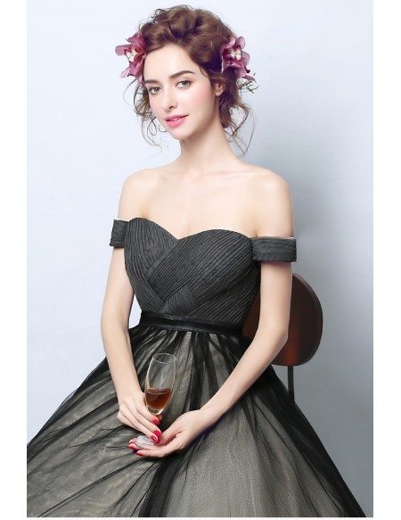 Simple Black Corset Tulle Formal Dress Ball Gown With Off Shoulder Straps