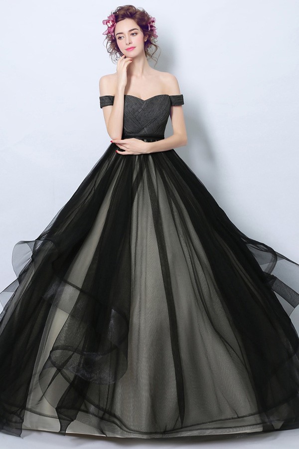 Simple Black Corset Tulle Formal Dress Ball Gown With Off Shoulder ...