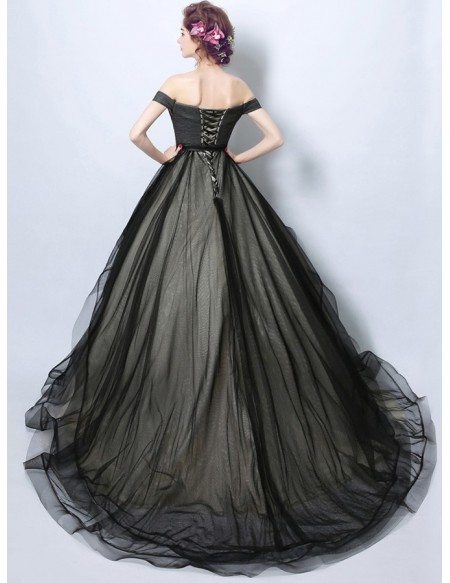 Simple Black Corset Tulle Formal Dress Ball Gown With Off Shoulder ...