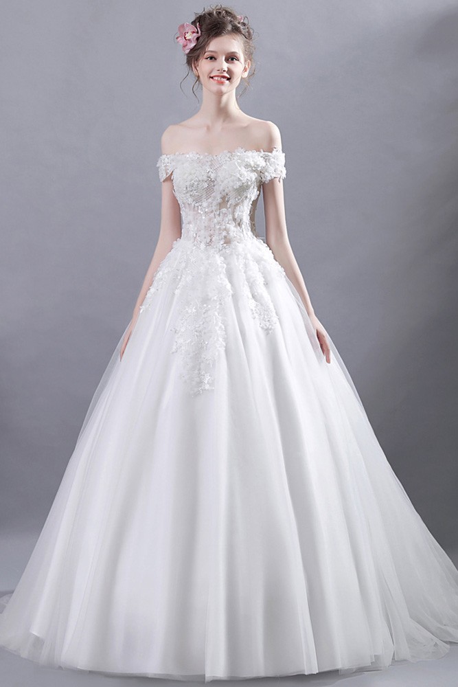 Goddess Off Shoulder Ballroom Bridal Dress With Romantic Floral Bodice ...