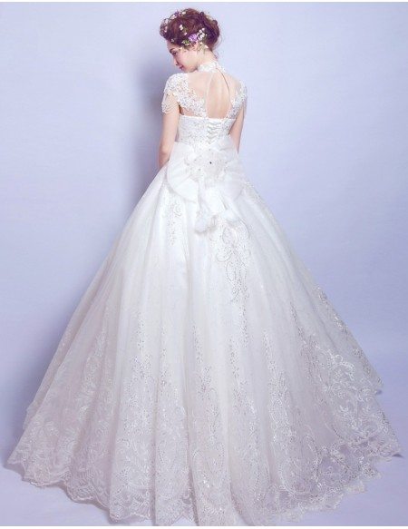 Vintage High Neck Lace Wedding Gowns With Beading Cap Sleeves