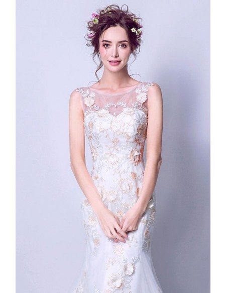 Inexpensive 2019 Graceful All Lace Wedding Dress Sleevless With Train