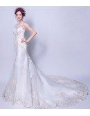 Inexpensive 2019 Graceful All Lace Wedding Dress Sleevless With Train