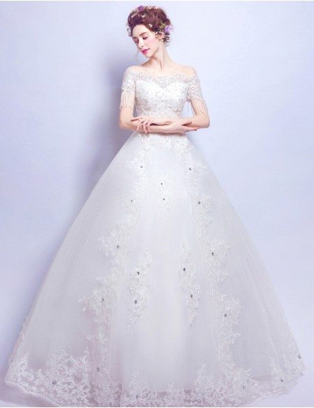 Beading Tassel Sleeve Lace Wedding Dress Ball Gown With Bow Back ...
