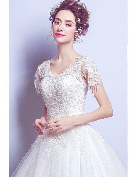 Inexpensive Gorgeous Lace Ballroom Wedding Gown With Beading Tassel Sleeve