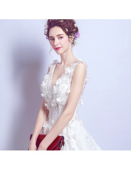 Goddess Floral V Neck Wedding Dress With Big Ball Gown