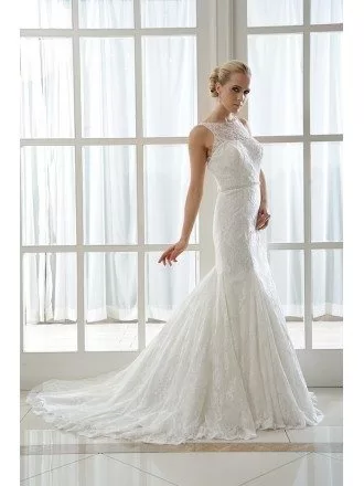 Mermaid Scoop Neck Court Train Lace Wedding Dress With Beading