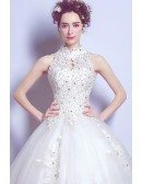 Retro Cheap Tulle Lace Ball Gown Bridal Dress With High Neck