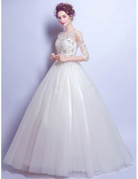 Inexpensive Elegant Sleeve Ballroom Bridal Gown With Lace Beading Bodice