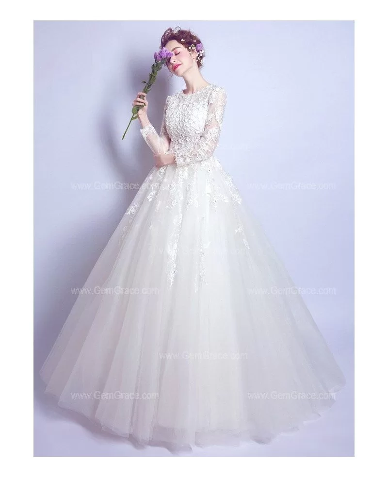 Romantic Flower Lace Ball Gown Wedding Dress With Modest Long Sleeves Wholesale T69539 6688
