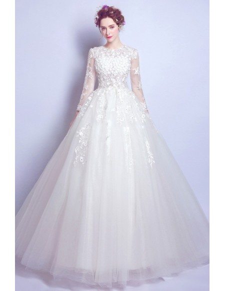 Romantic Flower Lace Ball Gown Wedding Dress With Modest Long Sleeves