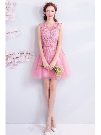Super Cute Pink Flowers Short Tulle Party Dress Sleeveless