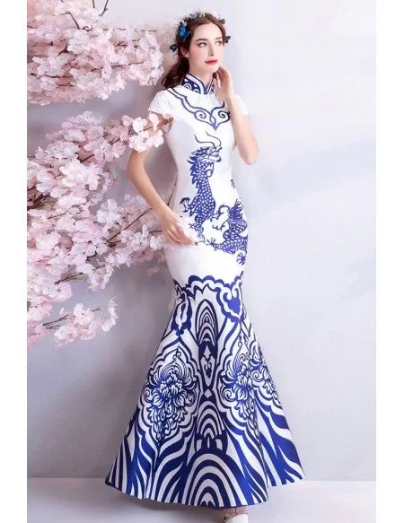 Unique Cheongsam Dragon Totem Tight Mermaid Party Dress With Cap Sleeves