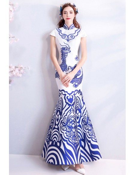 Unique Cheongsam Dragon Totem Tight Mermaid Party Dress With Cap Sleeves