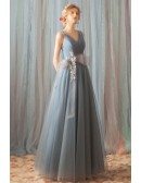 Different Dusty Blue Long Tulle Prom Dress V-neck With Big Bow