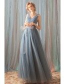 Different Dusty Blue Long Tulle Prom Dress V-neck With Big Bow
