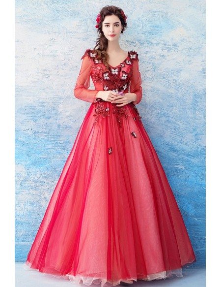Fairy Red Tulle Butterfly A Line Prom Dress Long With Sleeves