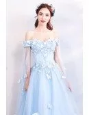 Dreamy Fairytale Blue Tulle Long Prom Dress Off Shoulder With Butterflies