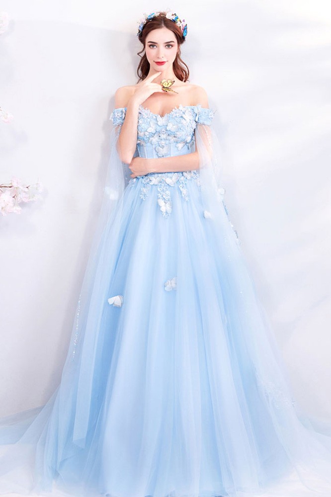 Dreamy Fairytale Blue Tulle Long Prom Dress Off Shoulder With ...