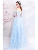 Dreamy Fairytale Blue Tulle Long Prom Dress Off Shoulder With Butterflies