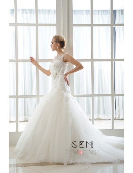 Mermaid Scoop Neck Court Train Tulle Wedding Dress With Beading Pleated Appliques Lace