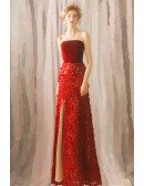 Slim Long Red Strapless Wedding Party Dress With Flowers High Slit