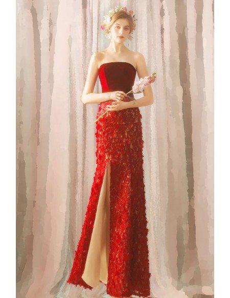 Slim Long Red Strapless Wedding Party Dress With Flowers High Slit ...