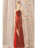 Slim Long Red Strapless Wedding Party Dress With Flowers High Slit