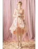 Cute Pink Floral High Low Short Prom Party Dress With Petals