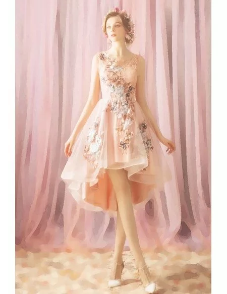 Cute Pink Floral High Low Short Prom Party Dress With Petals
