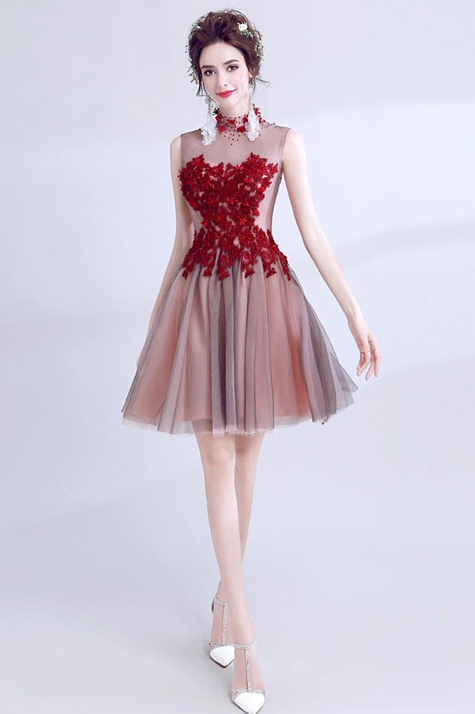 Red With Black Tulle Short Prom Dress With High Neck Beading Wholesale ...