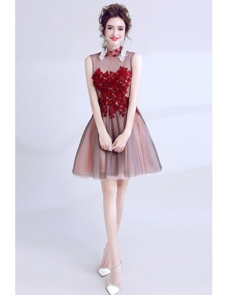 Red With Black Tulle Short Prom Dress With High Neck Beading