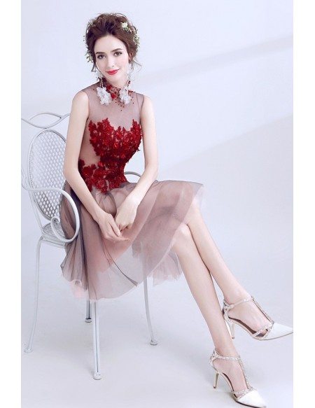 Red With Black Tulle Short Prom Dress With High Neck Beading