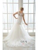 Mermaid Scoop Neck Court Train Tulle Wedding Dress With Beading Pleated Appliques Lace