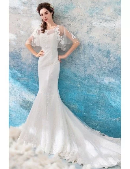 Slim Long Tight Mermaid Wedding Dress With Cape Sleeves Long Train