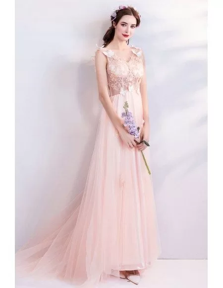 Lovely Butterfly Pink Tulle Long Prom Dress V-neck With Appliques