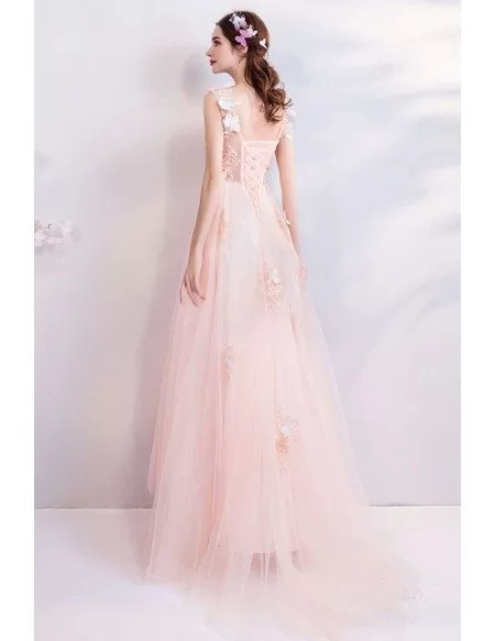 Lovely Butterfly Pink Tulle Long Prom Dress V-neck With Appliques