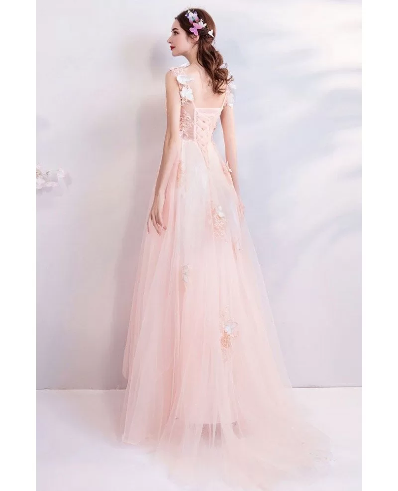 Lovely Butterfly Pink Tulle Long Prom Dress V-neck With Appliques ...