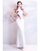 Chinese Retro Cheongsam Style Long White Formal Dress With Flowers