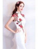 Chinese Retro Cheongsam Style Long White Formal Dress With Flowers