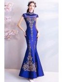 Retro Royal Blue Cheongsame Mermaid Fitted Formal Dress With Embroidery