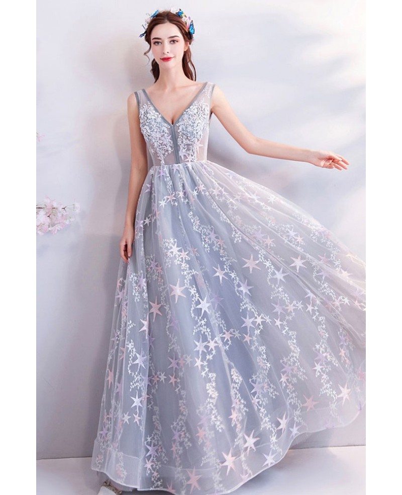 Fantasy Grey A Line Tulle Prom Dress V-neck Long With Stars Wholesale # ...