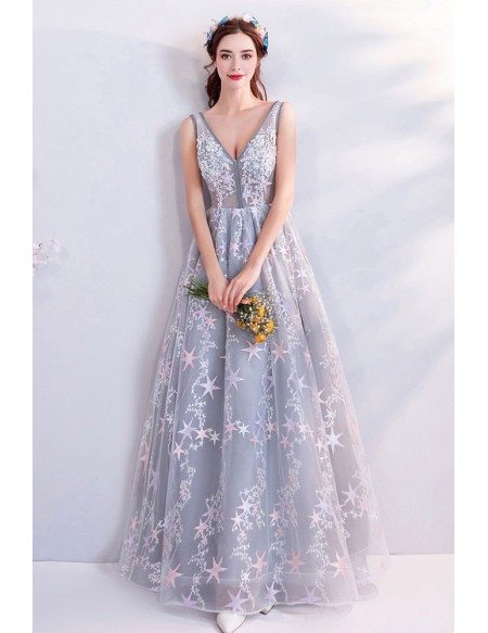 Fantasy Grey A Line Tulle Prom Dress V-neck Long With Stars