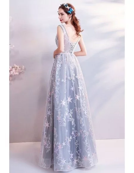 Fantasy Grey A Line Tulle Prom Dress V-neck Long With Stars