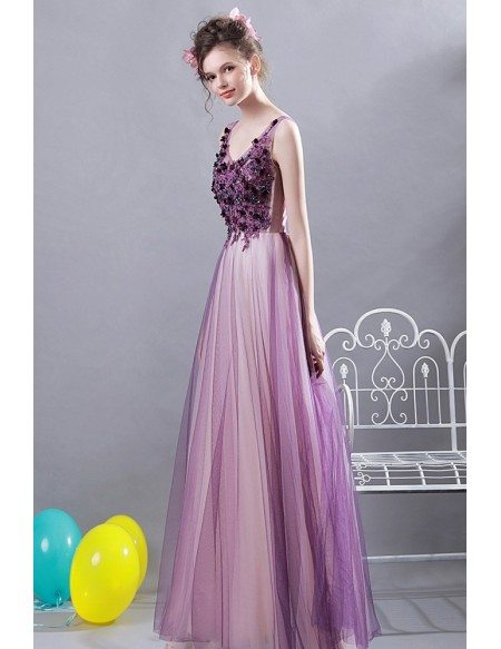 Ombre Purple Tulle A Line Long Prom Dress With Appliques